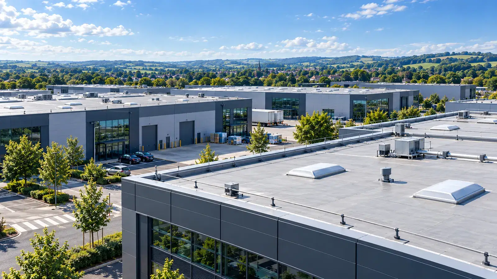 Aerial view of a business park with large commercial flat roofs