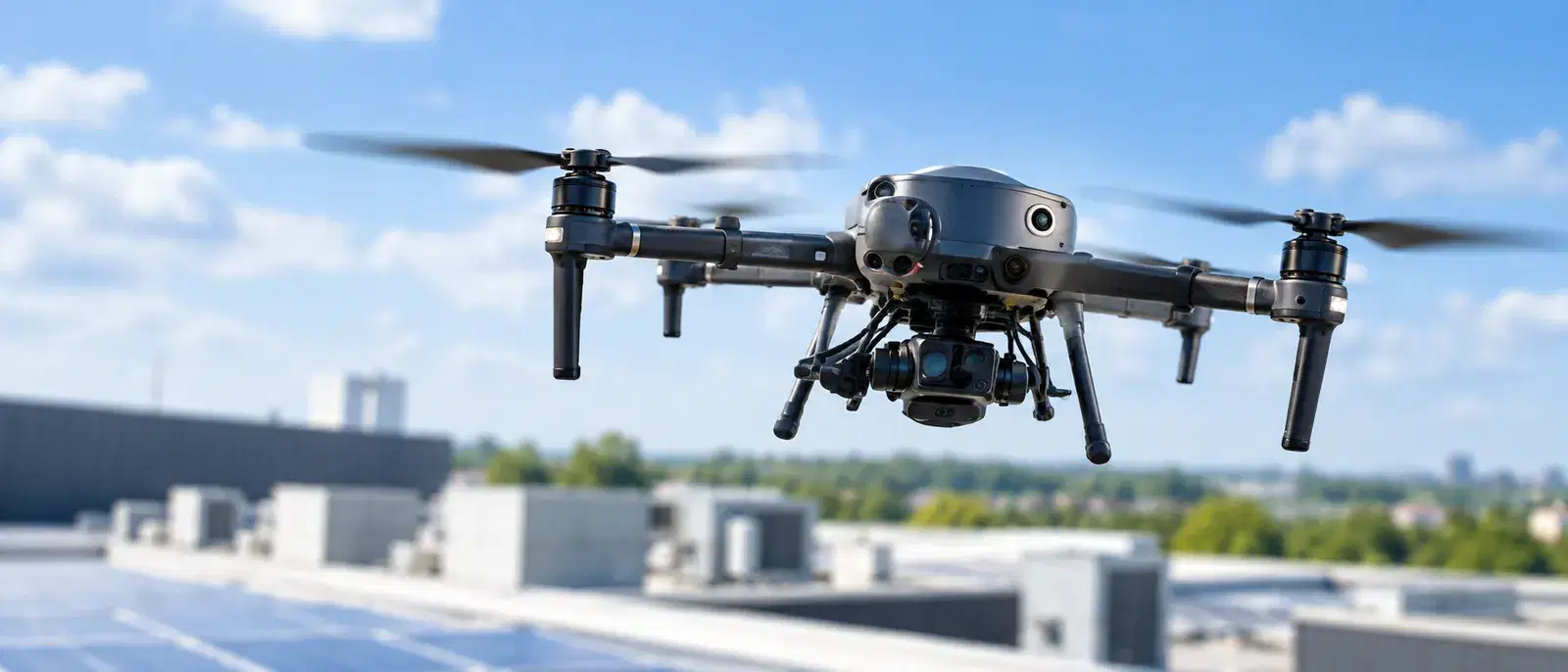 Survey drone in flight above commercial rooftops