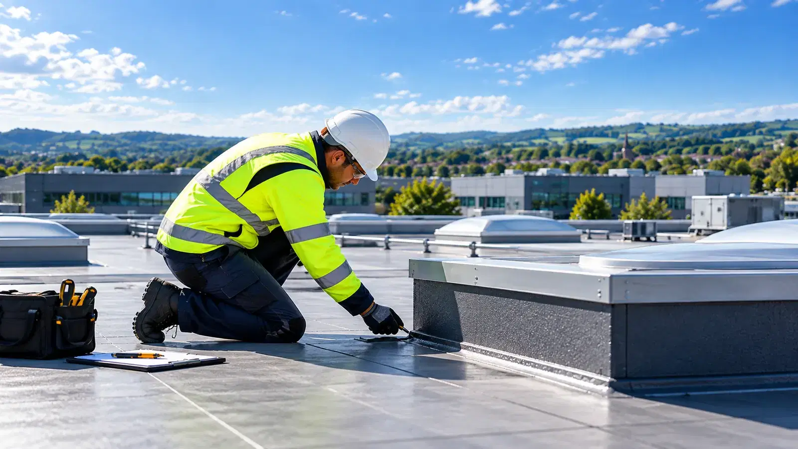 Roofer in hi-vis kneeling to inspect a commercial flat roof beside a rooflight